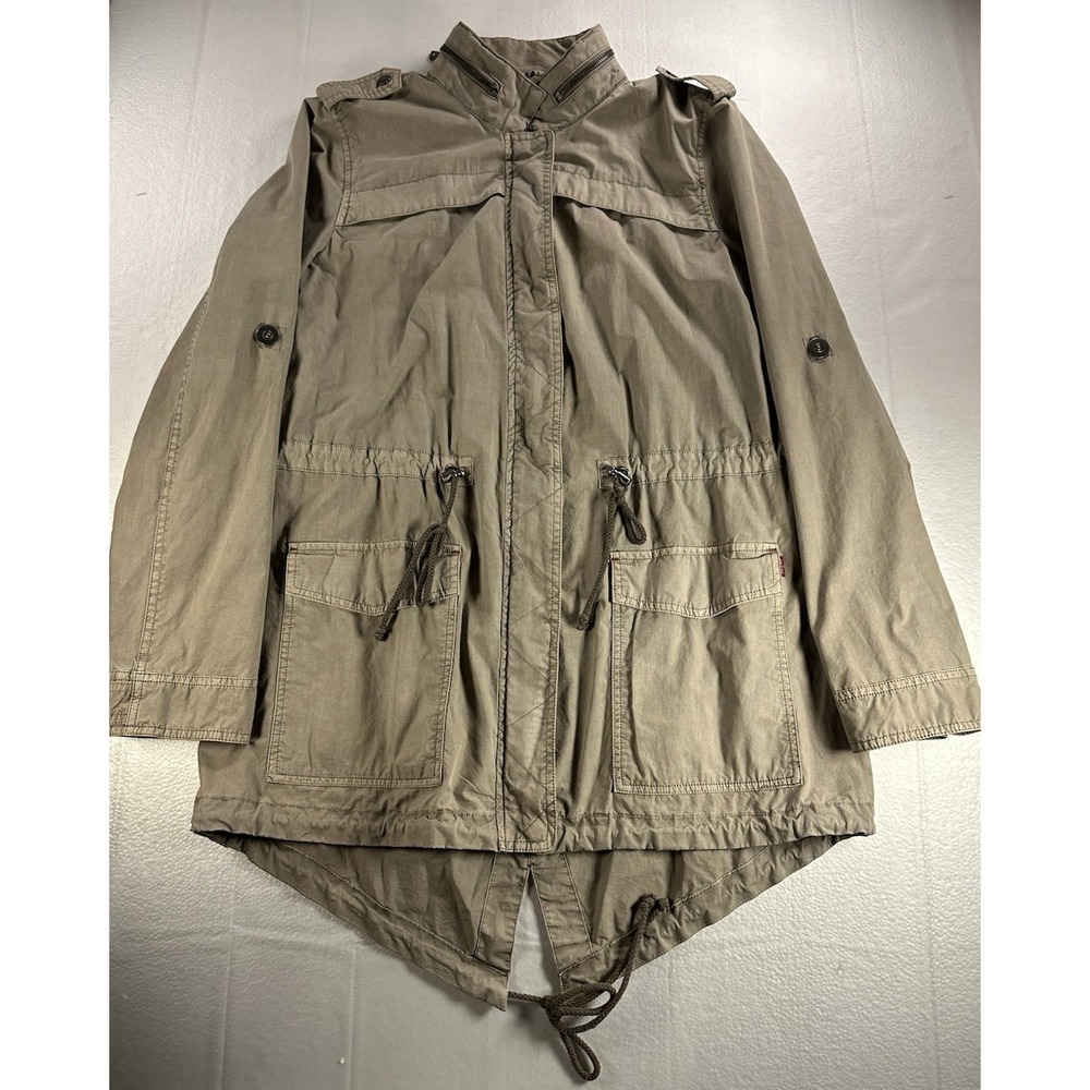 Levi Parka Coat Mens Medium Tan Gray Collared Full‎ Zip Fishtail Military Jacket